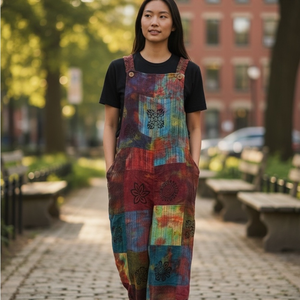 Tie-Dye Patchwork boho Overalls - Multicolor NWT - image 1